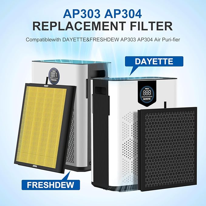AP303 AP304 Replacement Filter, Compatible with DAYETTE AP303 AP304 and FRESHDEW AP303 AP304 Air Cleaner Puri-fier, HEPA Filter with 3 Stage Filtration, 2 Pack