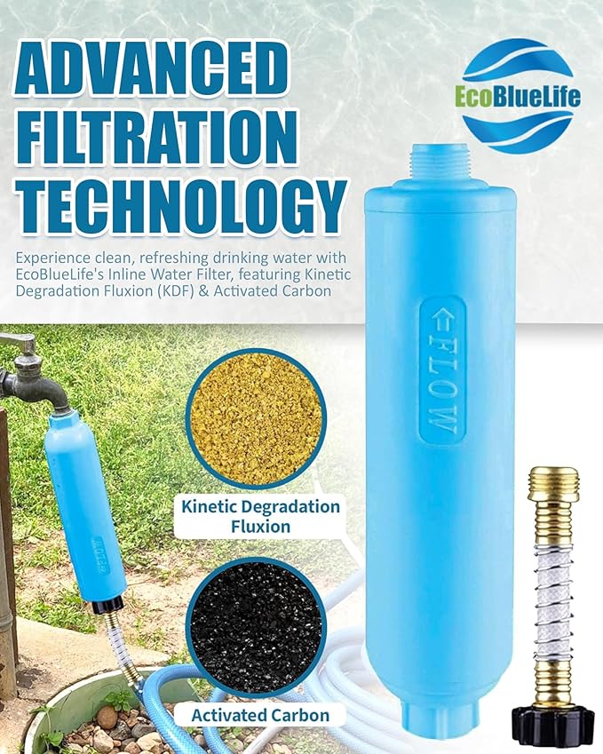 EcoBlueLife RV Water Filter - Inline Attachment with KDF & Activated Carbon, Reduces Odors, Chlorine-Taste, Sediments for Pure Drinking Waters, Perfect for Travel Trailers, Marine, Camper Water Filter