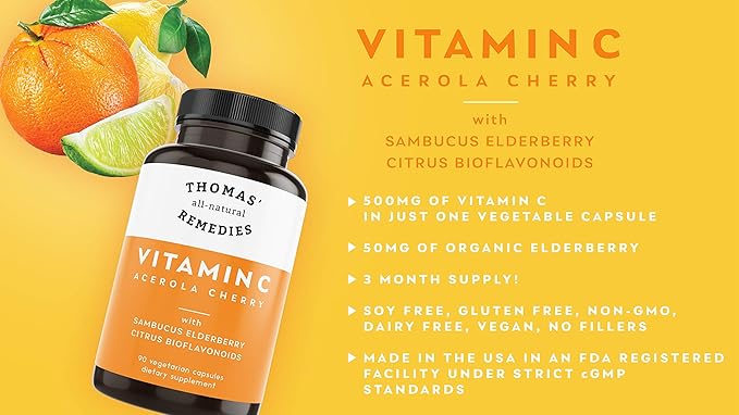 Thomas' all-natural Remedies Vitamin C with Organic Elderberry, Organic Citrus Bioflavonids - Whole Food Supplement - Non-GMO - Raw Vegan - 90 Capsules