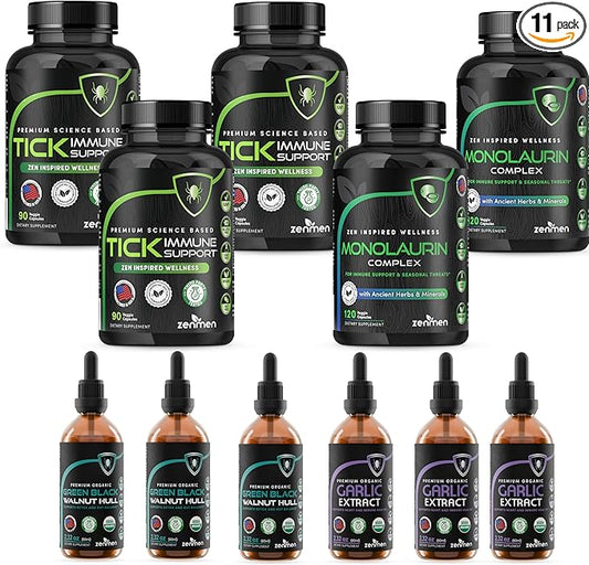Zenmen Tick-Borne Support Complete Bundle - Longer Term Wellness Support After Exposure - 3 Tick Immune Support + 2 Monolaurin + 3 Green Black Walnut Tincture + 3 Garlic Tincture
