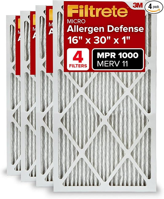 Filtrete 16x30x1 AC Furnace Air Filter, MERV 11, MPR 1000, Micro Allergen Defense, 3-Month Pleated 1-Inch Electrostatic Air Cleaning Filter, 4 Pack (Actual Size 4-Pack 29.813x15.813x0.656 in)