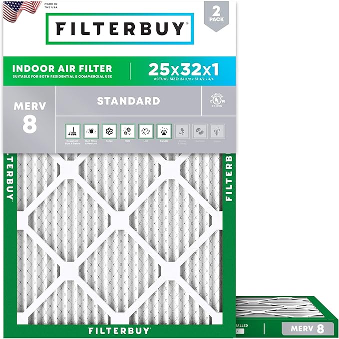 Filterbuy 25x32x1 Air Filter MERV 8 (MPR 700) Dust Defense Replacement (2-Pack), Electrostatic Pleated HVAC AC Furnace Filters, Made in USA (Actual Size: 24.50 x 31.50 x 0.75)