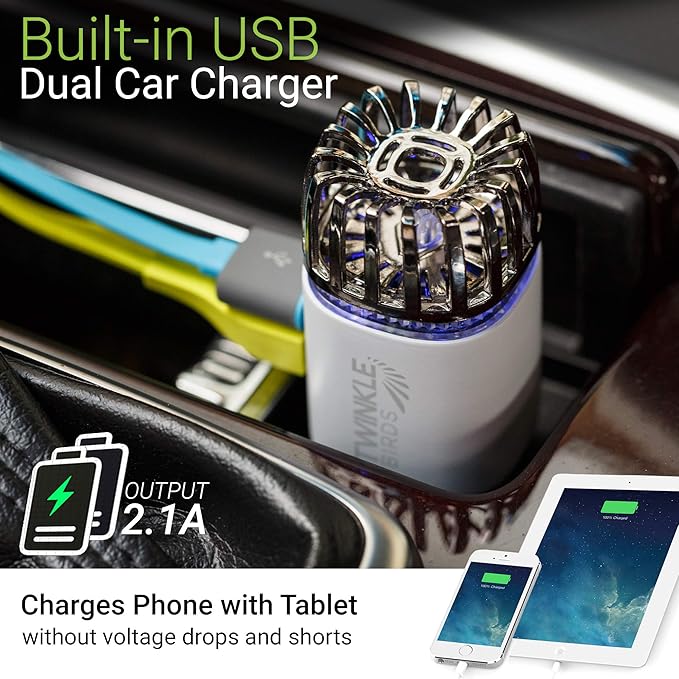 Car Air Purifier Ionizer - 12V Plug-in Ionic Anti-Microbial Car Deodorizer with Dual USB Charger - Smoke Smell, Pet and Food Odors, Allergens, Viruses Eliminator for Car (Matte White)
