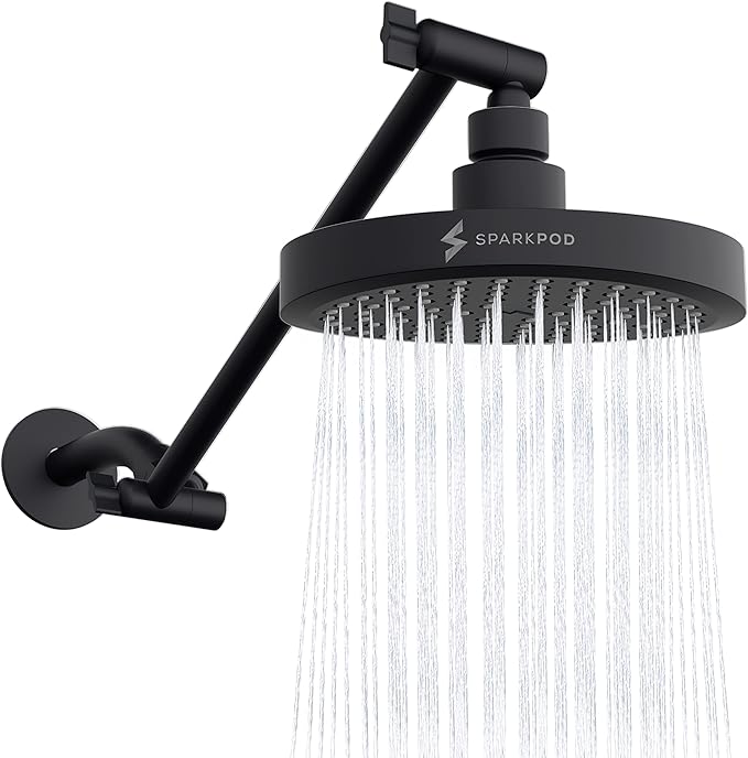 SparkPod Round Rain Shower Head with Extension Arm - Height Adjustable Shower Head with High Pressure Performance - Easy 1-Minute Installation (11" Arm Extension, Midnight Black Matte)
