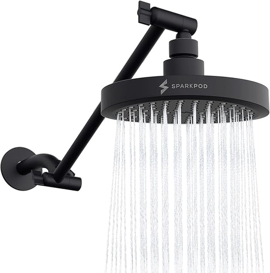 SparkPod Round Rain Shower Head with Extension Arm - Height Adjustable Shower Head with High Pressure Performance - Easy 1-Minute Installation (11" Arm Extension, Midnight Black Matte)