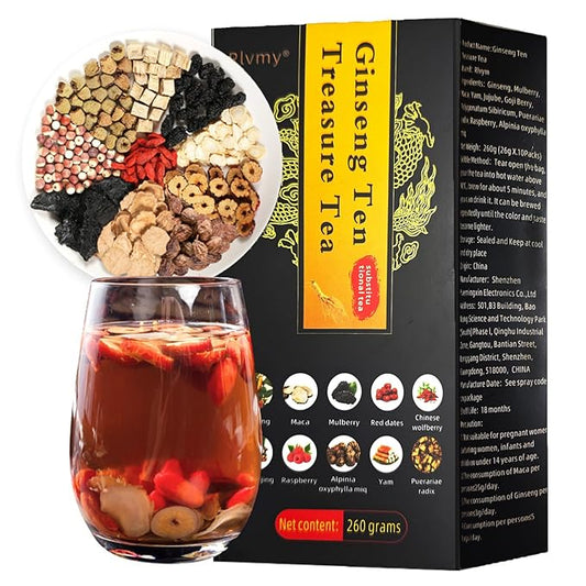 Ginseng Ten Treasures Tea, Chinese Herbal Kidney Detox Tea for Men & Women, 10 Precious Ingredients Formula (260g,10 bags/Box)