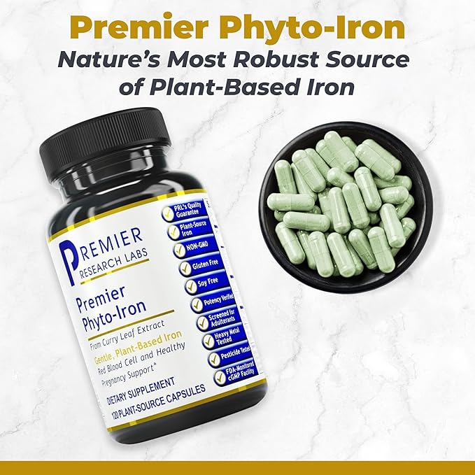 Premier Research Labs Phyto-Iron - Plant Based Iron for Men & Women for Blood Support, Curry Leaves Supplement, Iron Supplements, Non-Heme Iron, 18mg Iron Per Serving - 120 Vegetarian Capsules