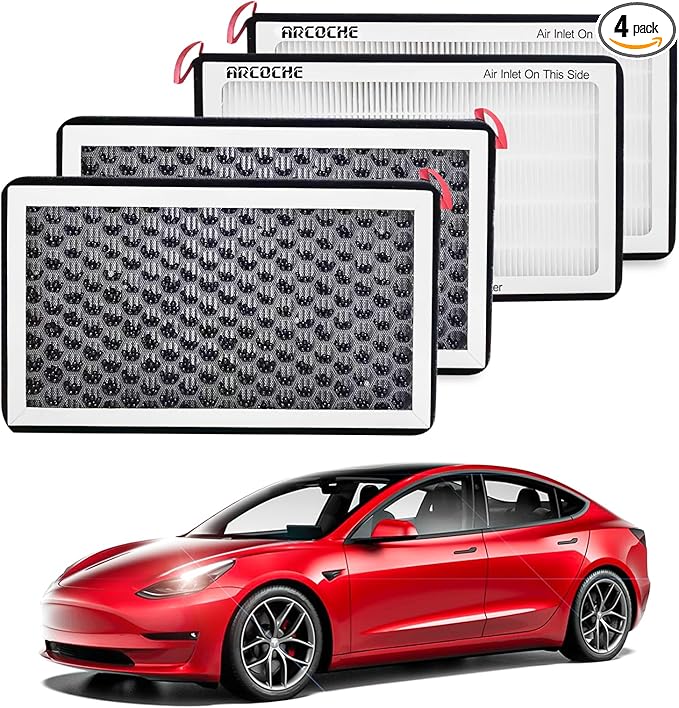 HEPA Air Filter for Tesla Model Y Model 3 Juniper Highland, Cabin Air Filter with Activated Carbon, HEPA Filter Replacement Accessories for Model 3 Model Y 2016-2025 2026 (4 Pack)