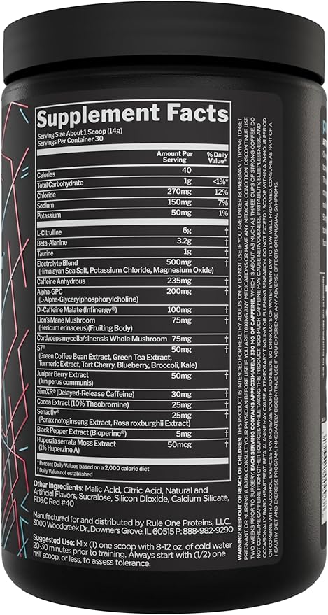 Rule 1 preLIFT Pre-Workout, 6g Citrulline, 3.2g Beta Alanine, 3 Caffeine Sources + 20 Others for Energy, Alertness, & Endurance (30 Servings, Snow Cone)