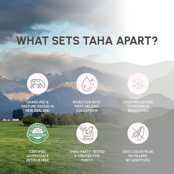 Taha Health & Nutrition Bovine Colostrum, Natural, Undiluted, First Milk | Supports Immune & Gut Health | Non-GMO, Grass-Fed, Free-Range New Zealand Dairy, 7.05 OZ (200g), ~133 Servings