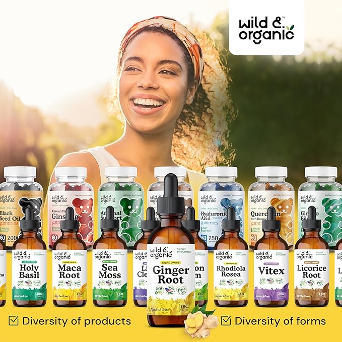 Wild & Organic Ginger Extract Liquid Drops - Immune & Digestive Support - Liquid Ginger Root Supplement - Vegan, Sugar & Alcohol-Free Tincture - 2 fl oz