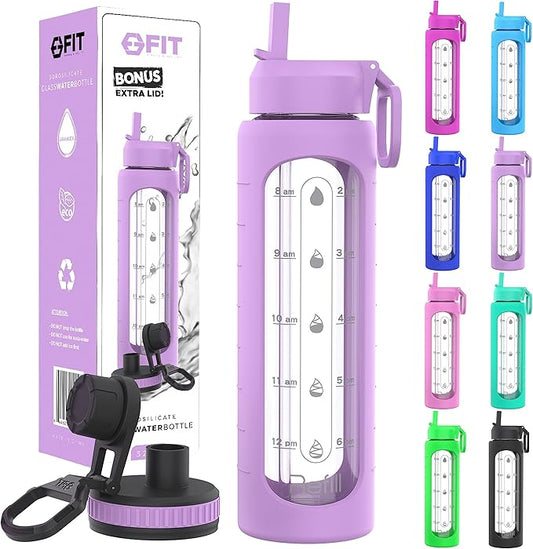 FIT Strong & Healthy 32 oz Glass Water Bottle with Straw Lid, Time Marker, Sleeve & Extra Lid - Motivational, Wide Mouth 1 Liter Glass Drinking Bottle