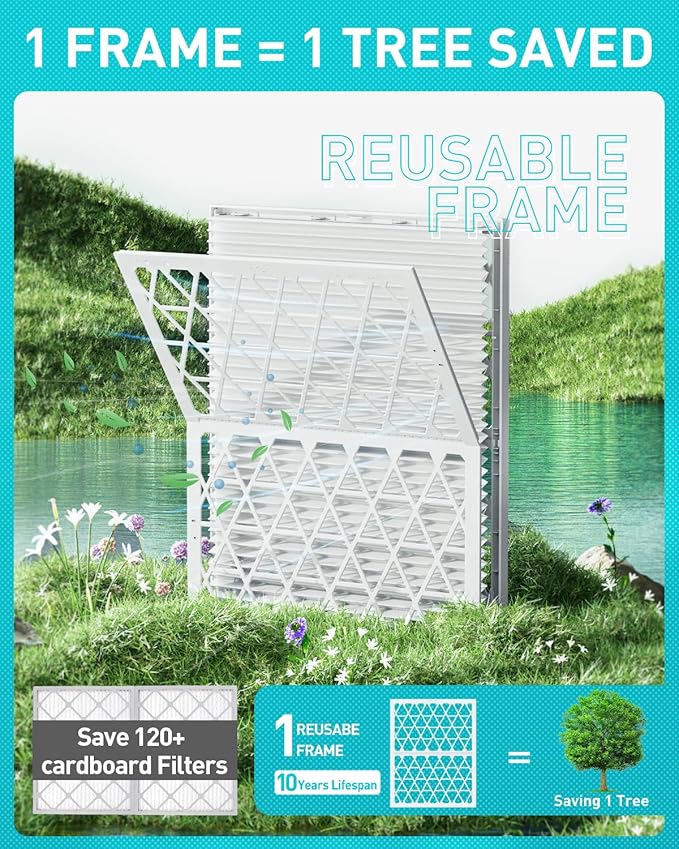 14x24x1 Refillable Air Filter Kit, MERV 8, 1 Reusable Foldable Frame ＆ 6 Refills, Fits Most AC HVAC Furnace Devices, Actual Size 13.75x23.75x0.75in