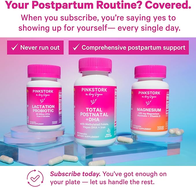 Pink Stork Total Postnatal Vitamins for Women with Vegan DHA, Iron, Folate, and Vitamin B12, Postpartum Recovery Essentials, Daily Supplement for Breastfeeding Moms - 1 Month Supply