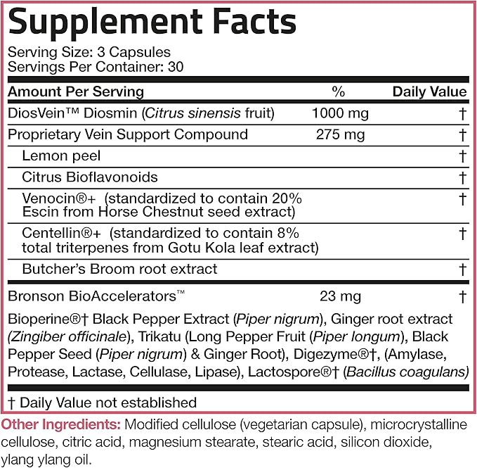 Bronson VeinAid Diosmin 1000mg DiosVein Varicose Vein Complex with Venocin & Centellin, 90 Vegetarian Capsules
