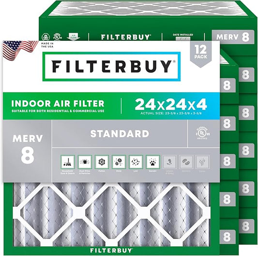 Filterbuy 24x24x4 Air Filter MERV 8 (MPR 700) Dust Defense Replacement (12-Pack), Electrostatic Pleated HVAC AC Furnace Filters, Made in USA (Actual Size: 23.38 x 23.38 x 3.63)