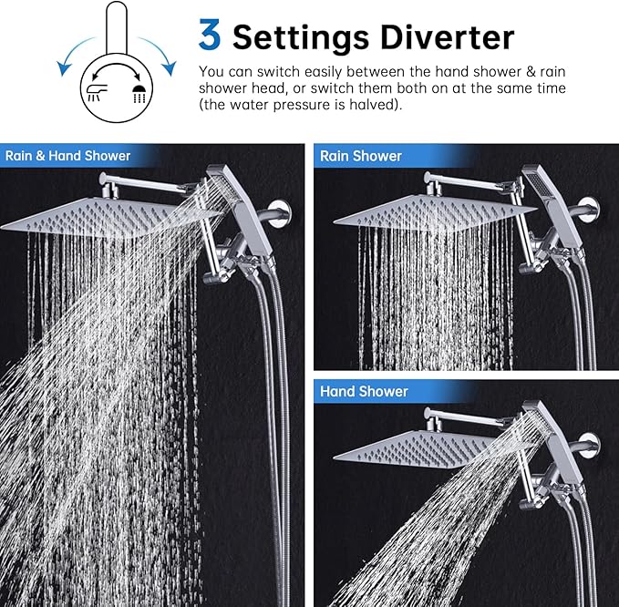 G-Promise All Metal 12 Inches Rainfall Shower Head with Handheld Spray Combo, 3 Settings Diverter, Adjustable Extension Arm with Lock Joints, 71 Inches Stainless Steel Hose (Chrome)