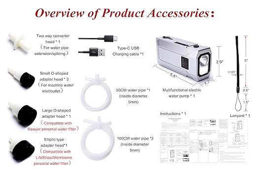 Mini Emergency Water Pump (1000ml/min) Compatible with Membrane Sawyer LifeStraw Personal Water Filter for Hiking, Built-in 2000mAh Power Bank, 3-Speed Adjustable Flashlight & SOS Signal Light, IPX3