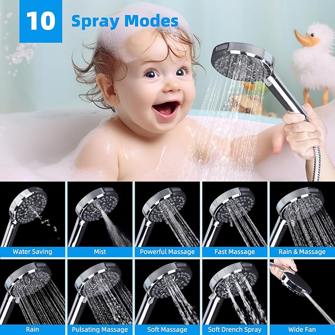 Hibbent Upgraded 5-spray 13'' Shower Head, High Pressure Rainfall Shower Head, Dual Showerhead Combo with 10-mode Handheld Spray, 12'' Adjustable Extension Arm, 71'' Hose, Showerhead Holder, Chrome