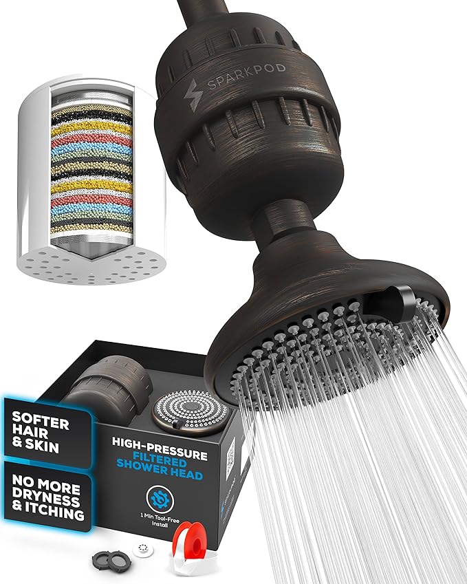 SparkPod 23-Stage Filtered Shower Head with 3 Spray Settings - High Pressure Shower Head with Filters for Dry Hair and Skin - Showerhead with Filter Reduces Chlorine & Heavy Metals (Oil-Rubbed Bronze)