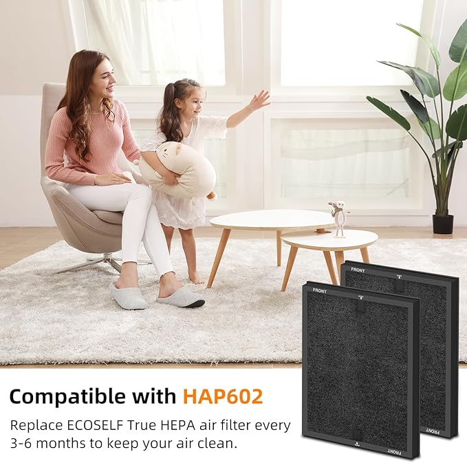 2 Pack HAP602 Replacement Filter Compatible with ECOSELF HAP602 & HAP602WF Air Purifier, 3-in-1 Filtration of Replacement Filter, Activated Carbon Filter & Pre-filter