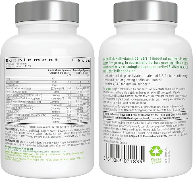 Igennus Methylated Kids Multivitamin Gummy, MTHFR, No Artificial Sweeteners or Flavors, Sugar Free, Age 4+, 90 Natural Berry Flavor Gummies from Fruit Powder, Non-GMO, Halal, Clean Label x6
