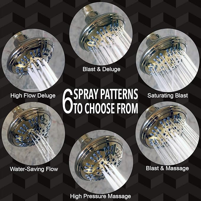 6 Function Adjustable Luxury Shower Head - High Pressure Boosting, Wall Mount, Bathroom Showerhead For Low Flow Showers, 2.5 GPM - Polished Brass