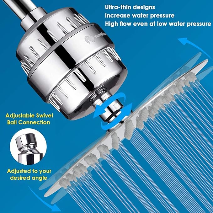 NearMoon Shower Head and 15 Stage Shower Filter Combo, High Pressure Filtered Shower for Hard Water, Improves the Condition of Your Skin, Hair (8 Inch, Chrome)