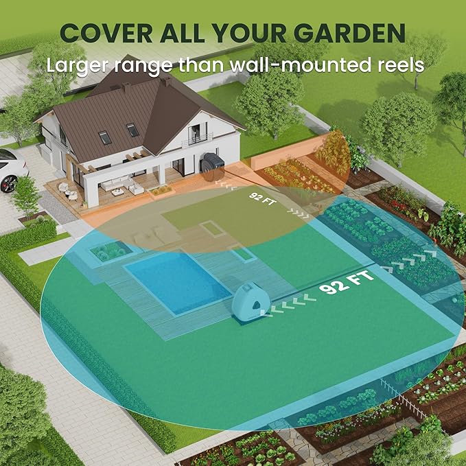 Giraffe Tools Ground Mounted Retractable Hose Reel 5/8 Inch x 92FT, Heavy Duty Automatic Rewind Garden Hose Reel, with Flexible Swivel Base for Lawn, Concrete Floor