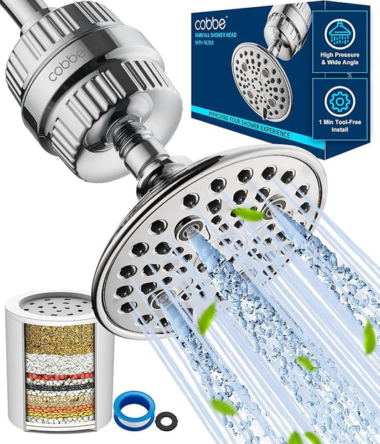 Cobbe 6-Setting High Pressure Filtered Shower Head Combo, Detachable Rain Shower Head with 20 Stage Shower Head Filter for Hard Water - Remove Chlorine and Harmful Substances, Chrome