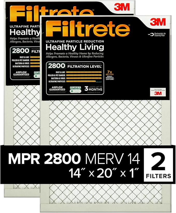 Filtrete 14x20x1 Air Filter, MPR 2800, MERV 14, Healthy Living Ultrafine Particle Reduction 3-Month Pleated 1-Inch Air Filters, 2 Filters