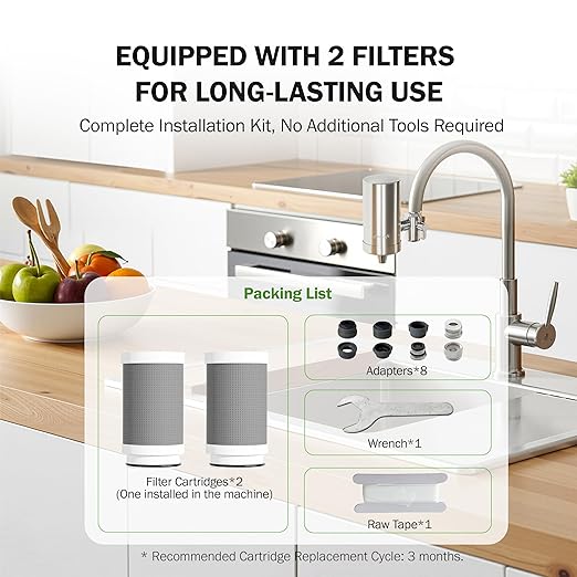 Frizzlife FS99 Water Filter for Sink Faucet, 2 Filters (1 pre-installed) Certified Reduce 99% Lead, Heavy Metal For Skin Care, 360° Rotating＆304 Stainless Steel Tap Water Purifier for Kitchen/Bathroom