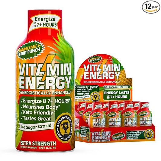 Vitamin Energy Immune+ Extra Strength Energy Shot Fruit Punch 12 Pack, 260mg Natural Caffeine, B-Vitamins, Citicoline, Green Tea, Immunity & Focus Support, Zero Sugar, Gluten-Free 1.93 fl oz