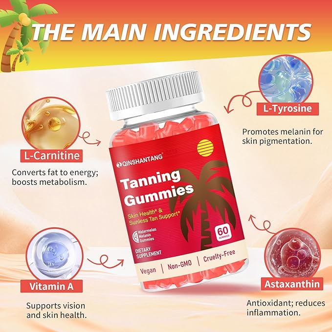 Tanning Gummies for WomenDaily Tanning Supplement, Sugar Free | Astaxanthin, L-tyrosine, Lycopene, Vitamin A | Radiant Skin & Immune Support, Antioxidant | Vegan, No GMO, 30 Servings