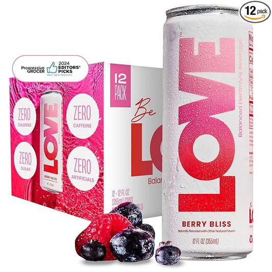 Be LOVE Balanced Electrolyte Beverage - Flavored Still Beverage for Daily Hydration, Exercise, Work & Wellness - Magnesium, Potassium & Sodium - Zero Sugar, Gluten Free (Berry Bliss, 12oz x 12ct)