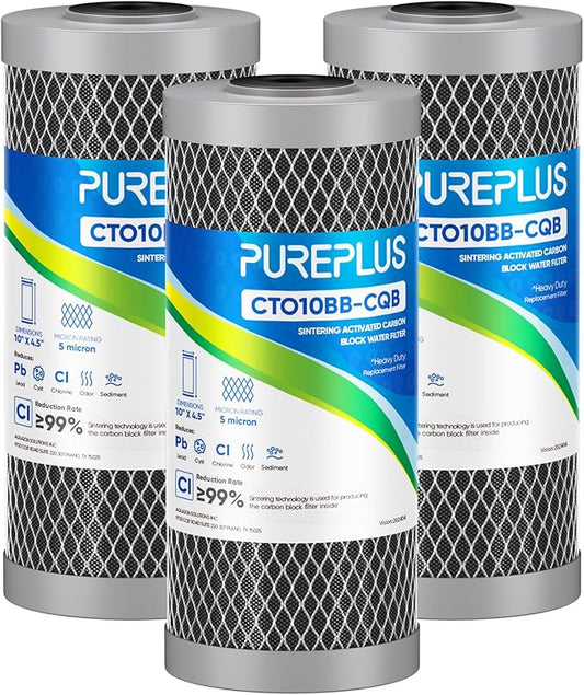 PUREPLUS 5 Micron 10" x 4.5" Whole House Activated Carbon Water Filter, Enhanced Lead Removal Carbon Replacement Cartridge, Compatible with GE GXWH40L, GXWH35F, BB10, FXHTC, FC15B, CTO10BB-CQB, 3PACK