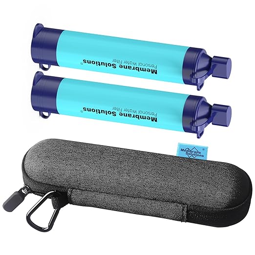 Membrane Solutions 2Pcs Personal Water Filter Straw with A Storage Case Travel Carrying Bag Portable Water Filtration Carrier, Hard Shockproof EVA, for Camping, Hiking, Water Purifier Survival