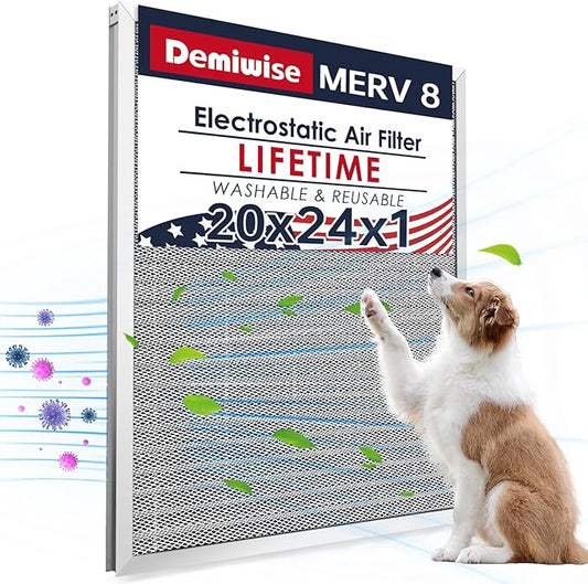 20x24x1 Electrostatic Air Filter, MERV 8 Washable & Reusable Aluminum AC/HVAC Furnace Filter, Lifetime Permanent Air Filter, Easy to Clean, Increases Airflow(Actual Size:19.37x 19.37x3.58)