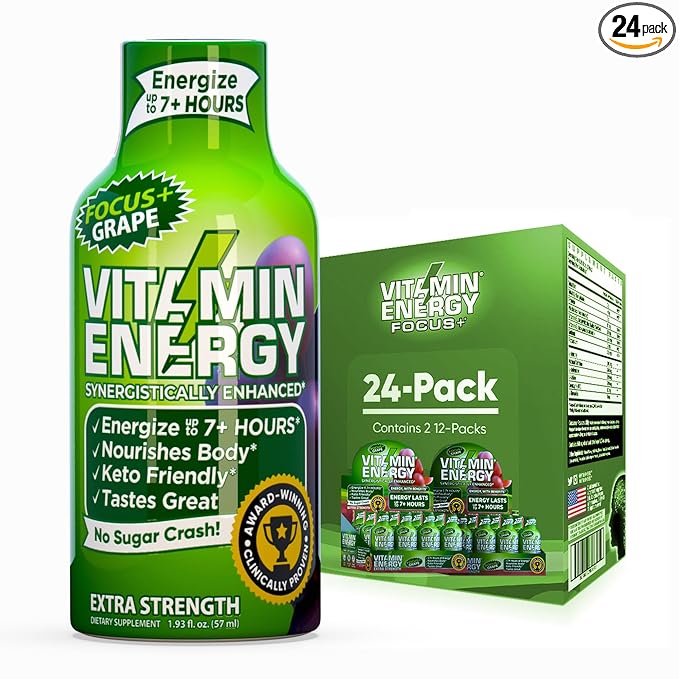 Vitamin Energy Focus+ Extra Strength Energy Shot Grape 24 Pack, 260mg Natural Caffeine, B-Vitamins, CoQ10, Amino Acids, Focus, Productivity & Clarity, Zero Sugar, Gluten-Free, 1.93 fl oz