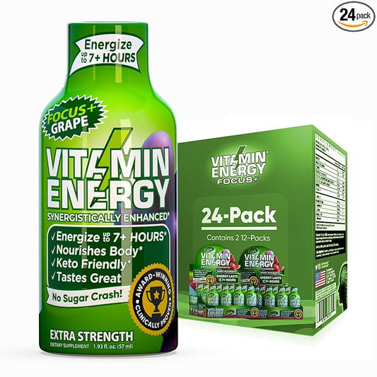 Vitamin Energy Focus+ Extra Strength Energy Shot Grape 24 Pack, 260mg Natural Caffeine, B-Vitamins, CoQ10, Amino Acids, Focus, Productivity & Clarity, Zero Sugar, Gluten-Free, 1.93 fl oz