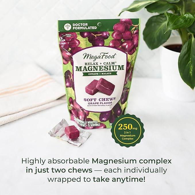 MegaFood Relax + Calm Magnesium Supplement -Soft Chews with Magnesium Citrate & Magnesium Malate - Grape-Flavor - Dr Formulated - Vegetarian - Without 9 Food Allergens - 30 Chews (Pack of 2)