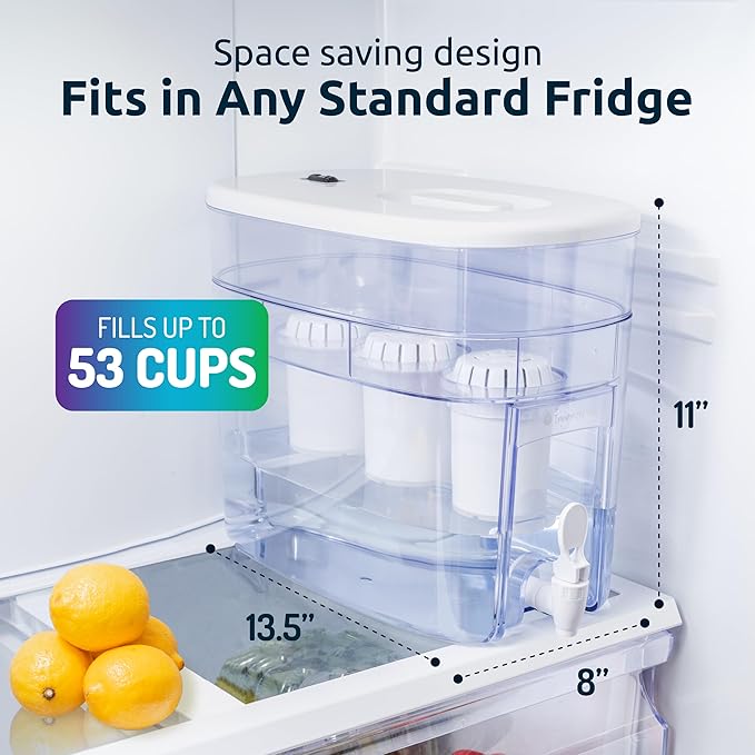 Invigorated Water - Alkaline Countertop Water Filter Dispenser, Large 52-Cup Capacity, Mineralized Alkaline Water, BPA-Free, 96 Gallons/Filter (White, 3 Filters Included)