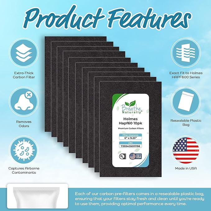 Breathe Naturally - Hapf600 HEPA Carbon Filter Replacement for Holmes Air Purifiers - High Efficiency Carbon Air Cleaner Filters - Compatible with Holmes HAPF600 Series - (10 Pack Carbon Filter C)