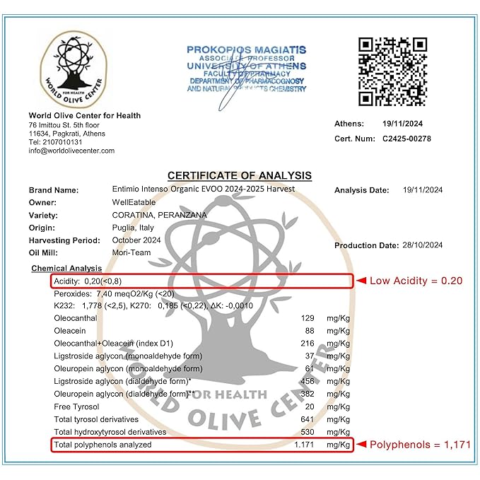 Entimio Intenso +900 mg/kg Polyphenol Rich Organic Extra Virgin Olive Oil, New 2024-2025 Early Harvest Italian Olive Oil from Puglia, Italy, 2025 Gold Winner, Cold Extracted, Lab Tested - 8.5 fl oz