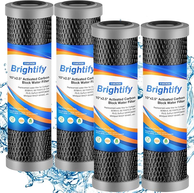 Brightify 10"x2.5" 5 Micron Carbon Water Filter, Whole House Carbon CTO Water Filter Cartridge Replacement Fits Culligan D-10A, P5-D, DuPont WFPFC8002, SCWH-5, GE FXWTC, Whirlpool WHCF-WHWC, 4 Pack