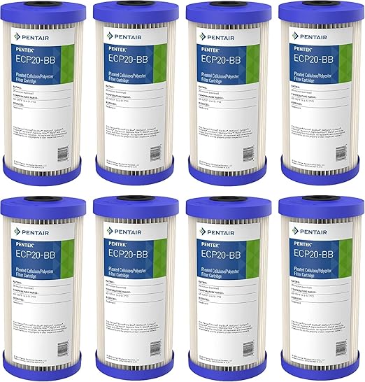 Pentair Pentek ECP20-BB Big Blue Sediment Water Filter, 10-Inch, Whole House Heavy Duty Pleated Cellulose Polyester Replacement Cartridge, 10" x 4.5", Blue End-Cap, 20 Micron, Pack of 8