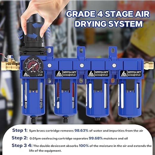 1/2 Inch NPT Air Dryer for Compressor,4 Stage Air Drying System,Brass Filter, Coalescing Filter,Double Desiccant Dryers & Air Regulator,Metal Bowl,Semi-Auto Drain,Industrial Grade(Blue)