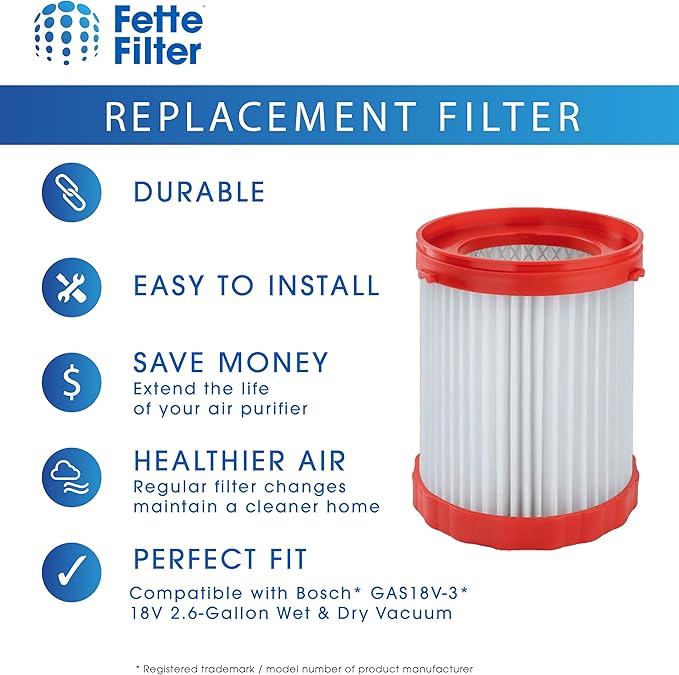 Fette Filter - VF320H HEPA Filter compatible with Bosch 18V 2.6-Gallon Wet/Dry Vacuum Cleaner GAS18V-3/GAS18V-10L includes 2 hepa replacement filters.