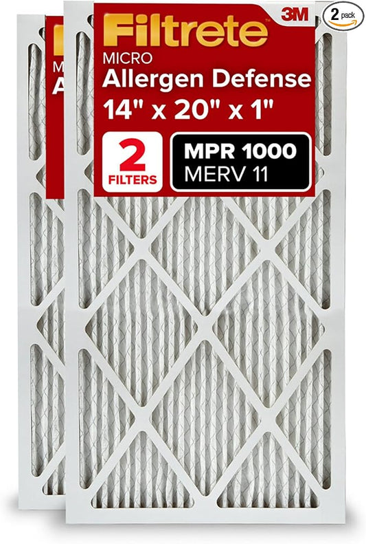Filtrete 14x20x1 AC Furnace Air Filter, MERV 11, MPR 1000, Micro Allergen Defense, 3-Month Pleated 1-Inch Electrostatic Air Cleaning Filter, 2 Pack (Actual Size 13.781 x 19.781 x 0.84 in)