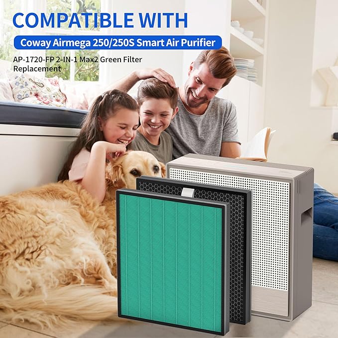 250/250S Replacement Filters for Coway AIRMEGA Max2 250 250S Smart Air Purifier, Max 2 Green True HEPA and Activated Carbon Filter Set, AP-1720-FP 2 Pack